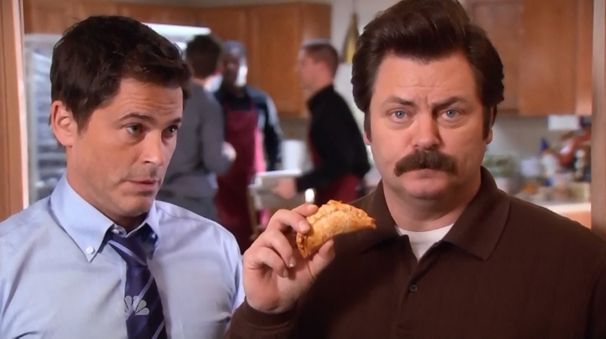 Still from Parks and Recreation — the clip “Ben Tries To Choose A Wedding Caterer”